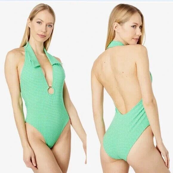 WeWoreWhat NWT Plaid Collar Open Back One-Piece Swimsuit Green Size XS - Picture 1 of 5